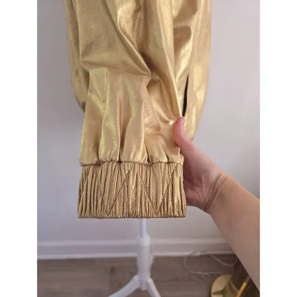 St John Gold Metallic Lambs Leather Silk 80s Retro Shimmer Bomber Zip Jacket M